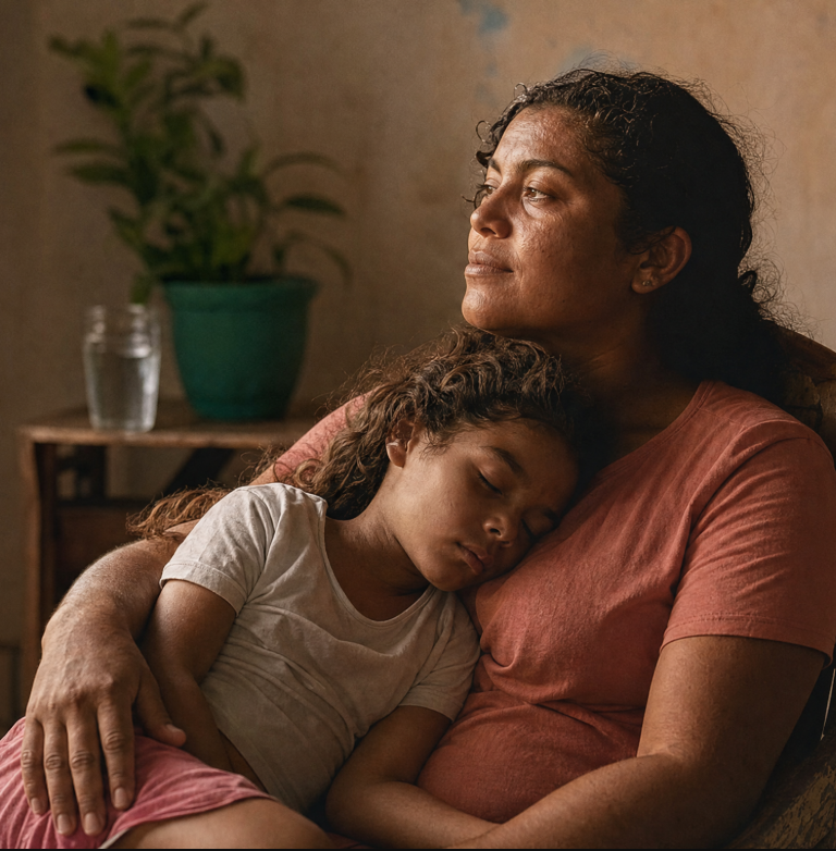 Mãe nordestina em paz, com filha adormecida no colo, descansando em casa após resolução do benefício